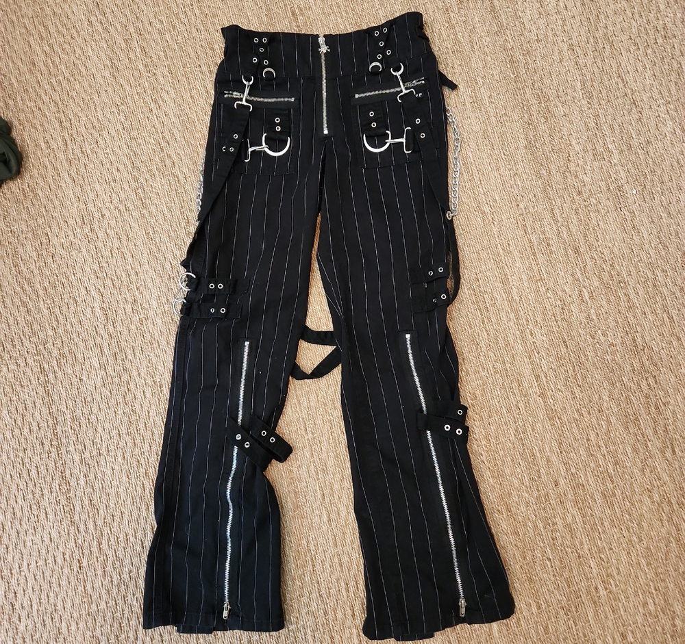Tripp NYC Black Pinstripe Bondage Pants with Silver Hardware Size 28